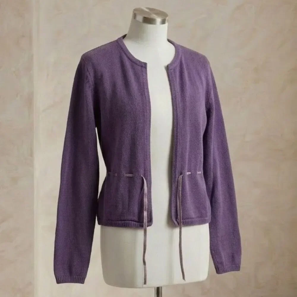American Girl Girls Purple Cardigan Sweater Size S Ramie Cotton Tie Front